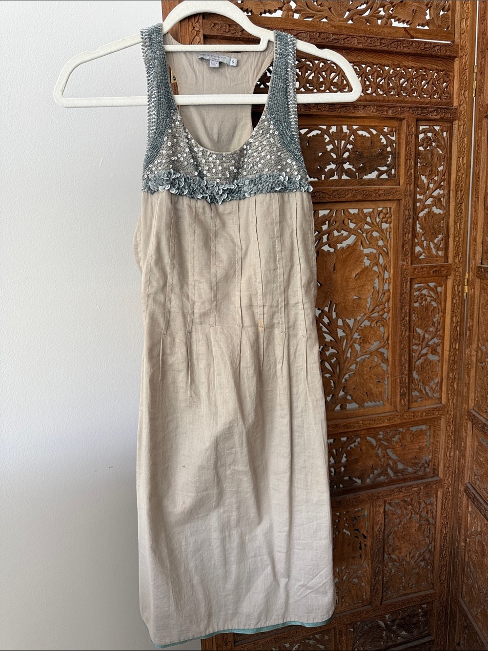 Calypso st Barth gorgeous Beige Linen Midi Dress with Teal Sequin Yoke